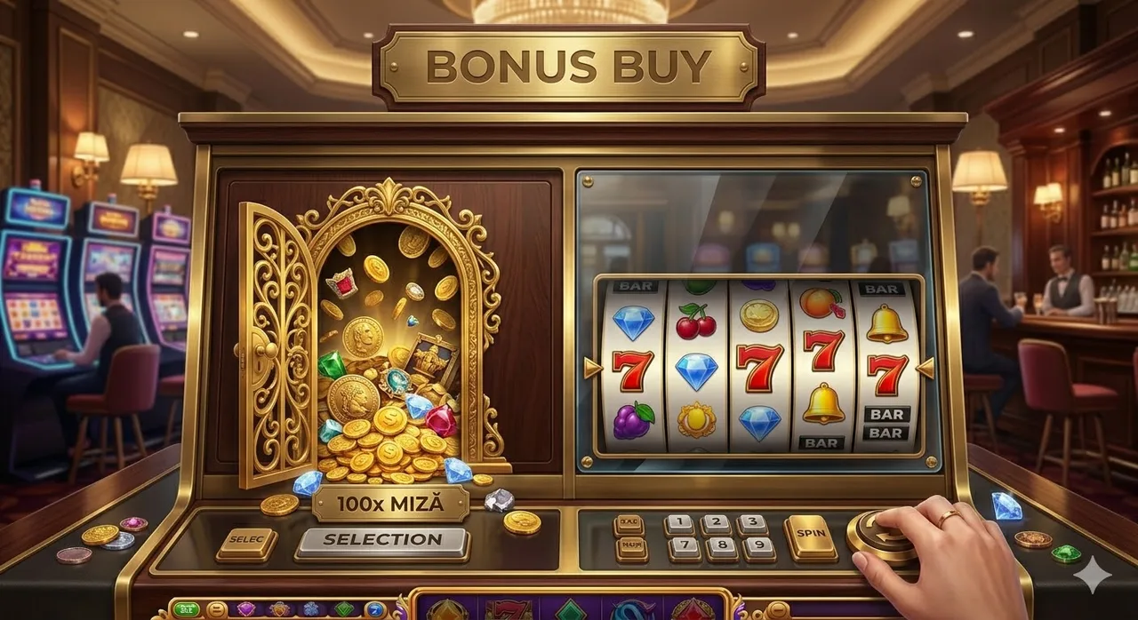 Ilustrație conceptuală cu un aparat de joc și opțiunea Bonus Buy marcată 100x miză