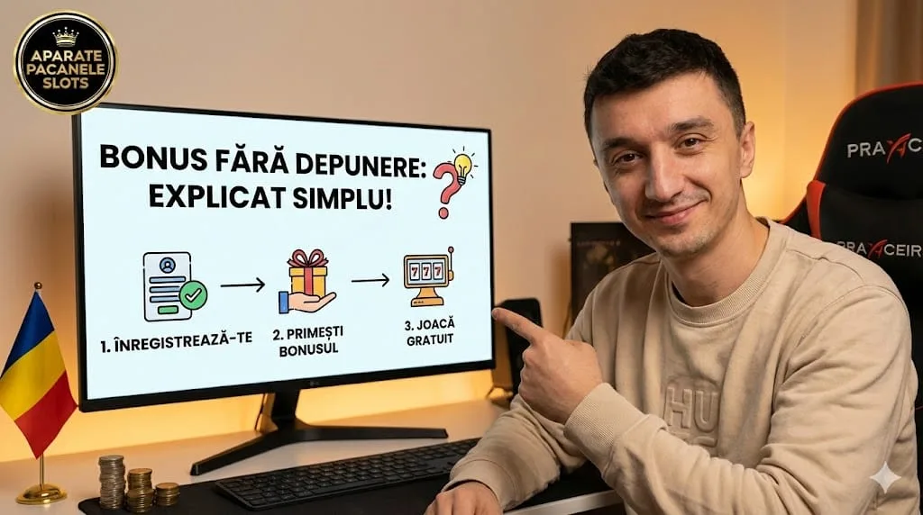 Persoană lângă un ecran cu pașii ilustrați ai unui bonus fără depunere
